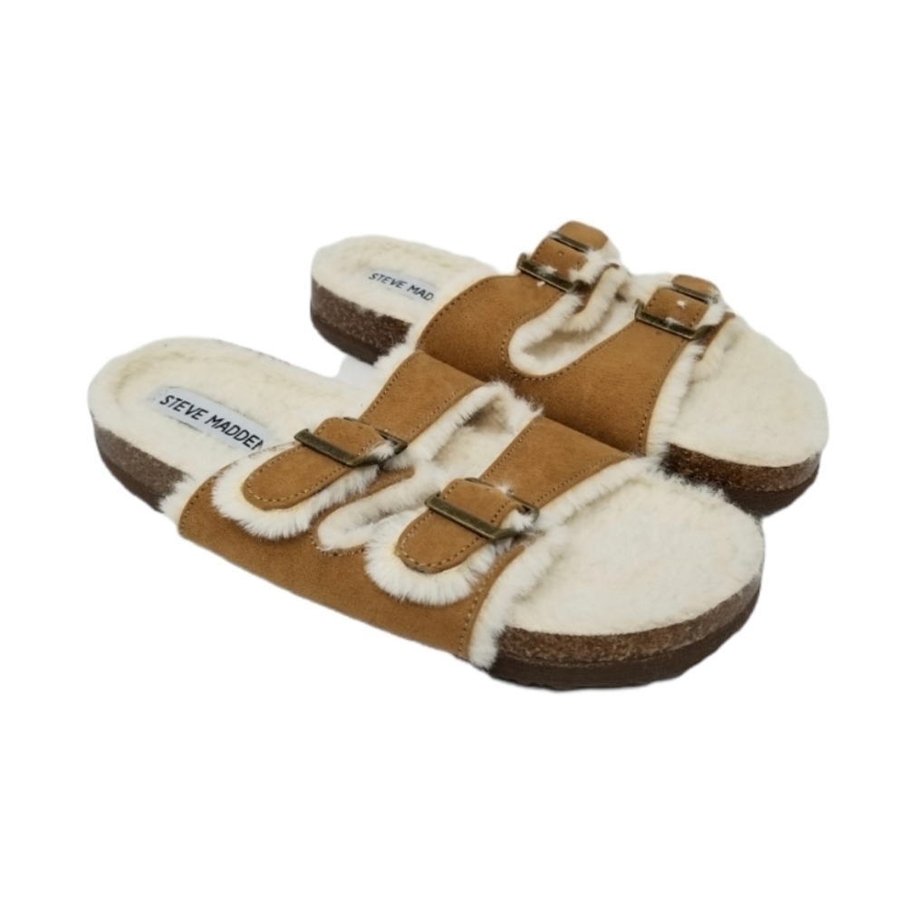 Steve Madden Jleena Cognac Slides Slip On Sandals Faux Fur Girls Size 3